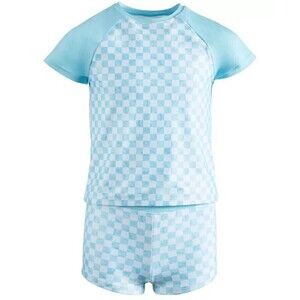ID Ideology Big Girls 2-Piece Checkered Rash Guard & Swim Shorts Set Blue 10-12